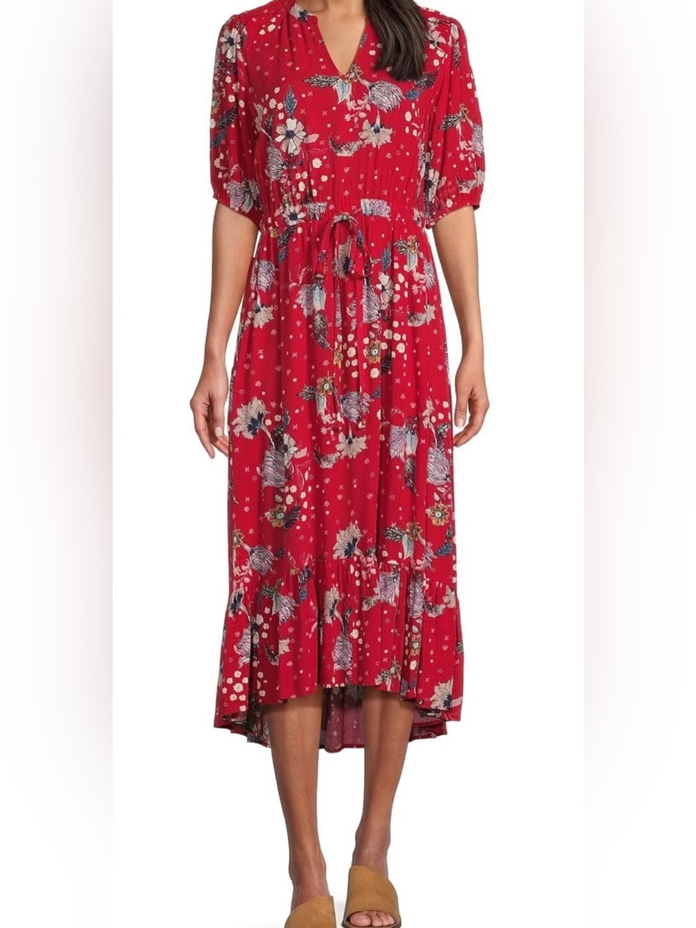 Nurture by Westbound V-Neck Ruffle Hem Midi Dress Red Floral Size Small